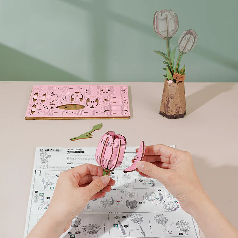 Robotime Rowood DIY Wooden FlowerPink Tulip 3D Wooden Puzzle TW082 (Pre-Order)