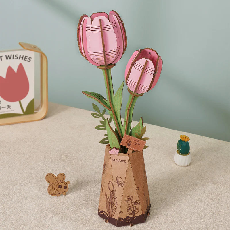 Robotime Rowood DIY Wooden FlowerPink Tulip 3D Wooden Puzzle TW082 (Pre-Order)